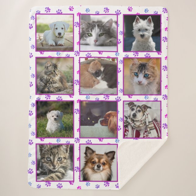 Pink Purple Blue Paw Prints Pet Photo Collage Sherpa Blanket (Front)