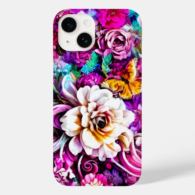 Pink Purple Blue Teal White Garden Flowers Fantasy Case-Mate iPhone Case (Back)