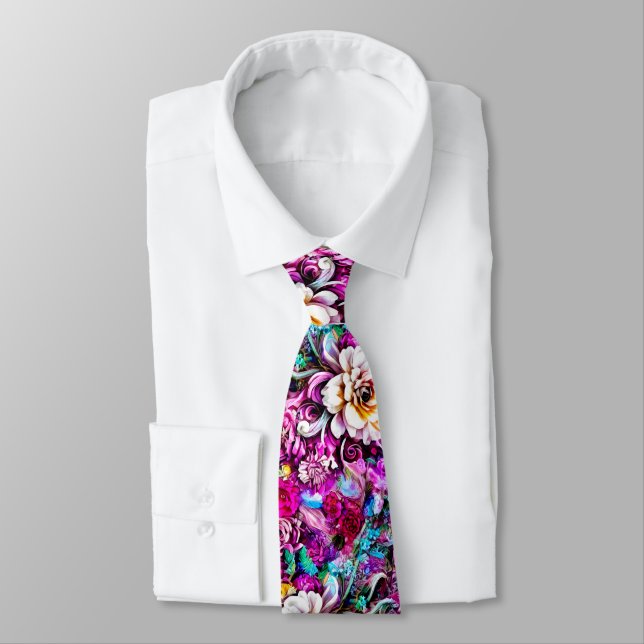 Pink Purple Blue Teal White Garden Flowers Fantasy Tie (Tied)