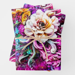 Pink Purple Blue Teal White Garden Flowers Fantasy Wrapping Paper Sheet