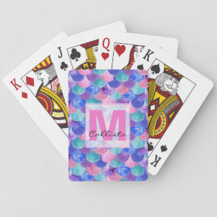 Pink Purple Blue Watercolor Mermaid Scale Monogram Playing Cards
