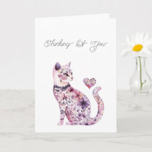 Pink Purple Blush Floral Heart Cat Thinking of you Card