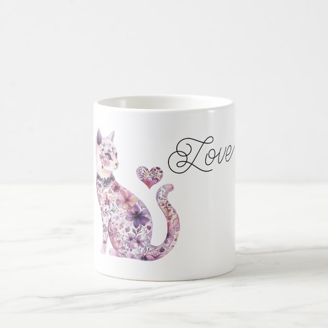 Pink Purple Blush Flowers Heart Love Cat Coffee Mug (Center)
