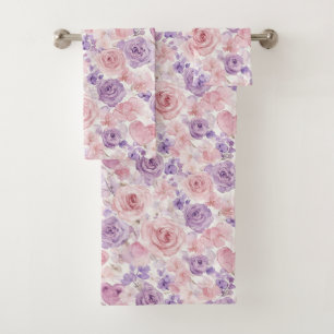 Pink Purple Blush Flowers Hearts Bath Towel Set