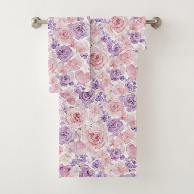 Pink Purple Blush Flowers Hearts   Bath Towel Set (Insitu)