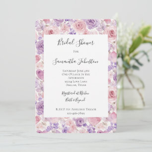 Pink Purple Blush Flowers Hearts Bridal Shower Invitation