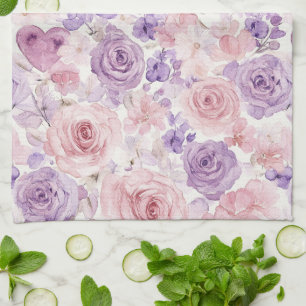 Pink Purple Blush Flowers Hearts   Kitchen Towel