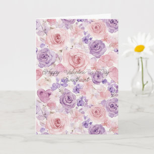Pink Purple Blush Flowers Hearts Valentine's Day Card