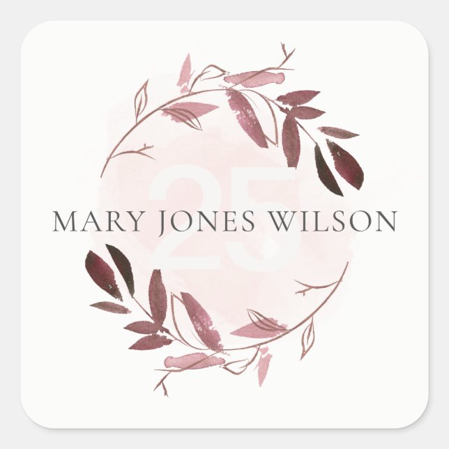 PINK PURPLE BLUSH FOLIAGE WREATH ANY AGE BIRTHDAY SQUARE STICKER (Front)
