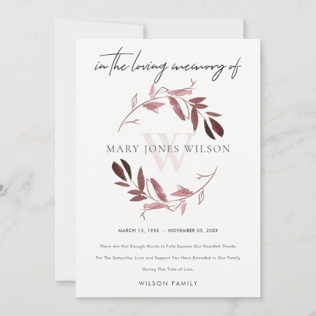 PINK PURPLE BLUSH FOLIAGE WREATH SYMPATHY MEMORIAL THANK YOU CARD (Front)