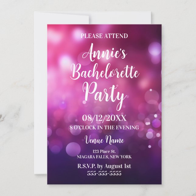 Pink Purple Bokeh Bachelorette Party Invitation (Front)