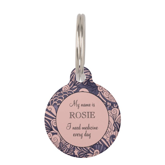 Pink & Purple Botanical Personalized Small Pet Tag (Front)