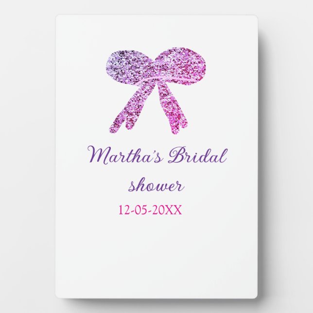 Pink purple bow sparkle glitter bridal shower name plaque (Front)