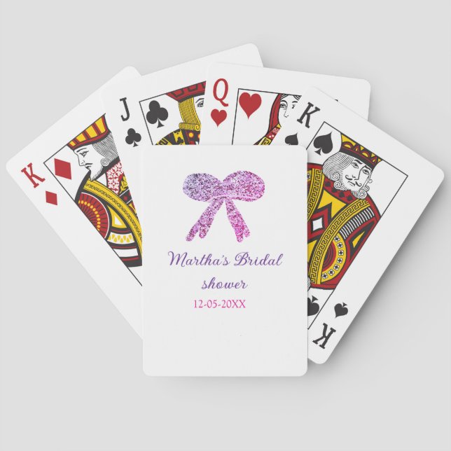 Pink purple bow sparkle glitter bridal shower name playing cards (Back)