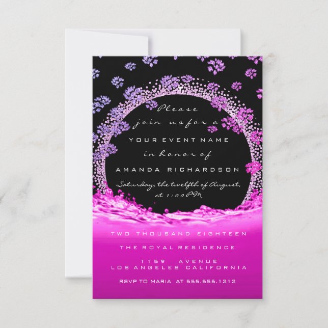 Pink Purple Bridal Sweet 16th Floral Initial Waves Invitation (Front)