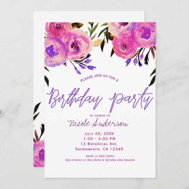 Pink & Purple Bright Modern Floral Birthday Party Invitation (Front/Back)