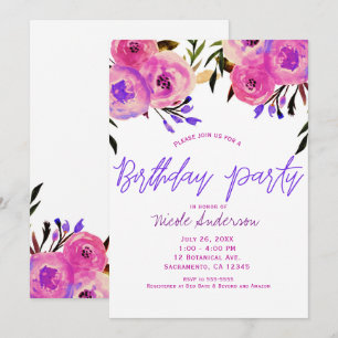 Pink & Purple Bright Modern Floral Birthday Party Invitation