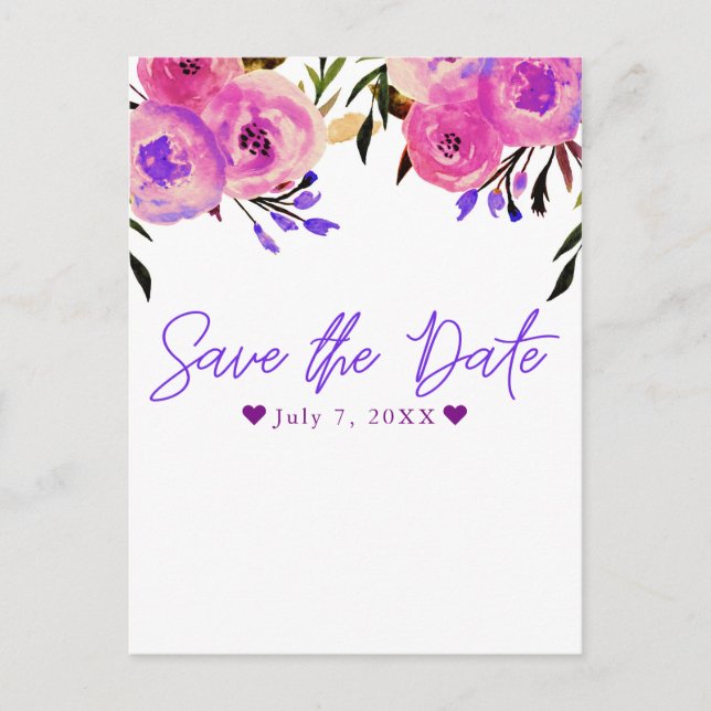 Pink & Purple Bright Modern Floral Save the Date Announcement Postcard (Front)