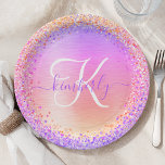 Pink Purple Brushed Metal Glitter Monogram Name Paper Plate<br><div class="desc">Easily personalize this trendy chic paper plate design featuring pretty colourful sparkling glitter on a brushed metallic background.</div>