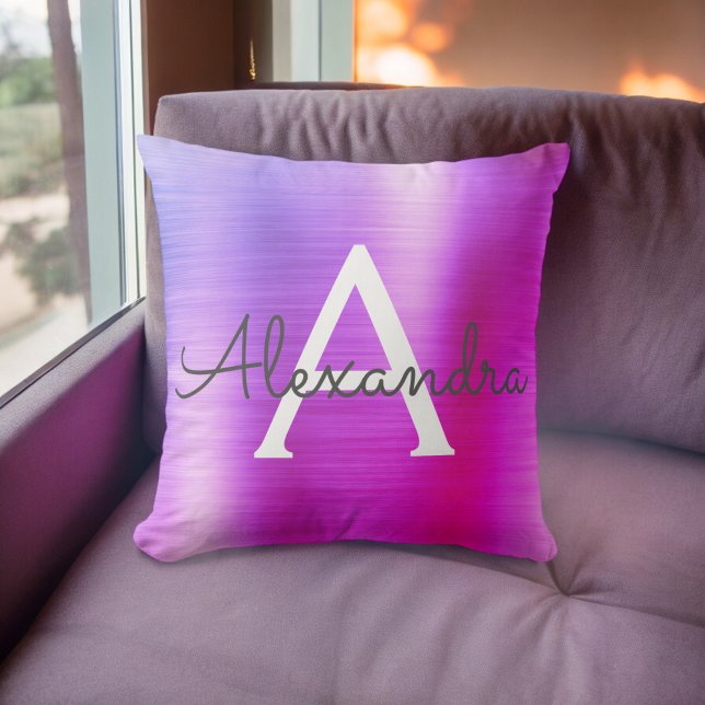 Pink Purple Brushed Metal Monogram Name Initial Throw Pillow (Creator Uploaded)