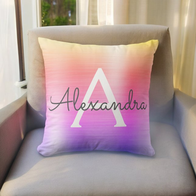Pink Purple Brushed Metal Monogram Name Initial Throw Pillow (Creator Uploaded)