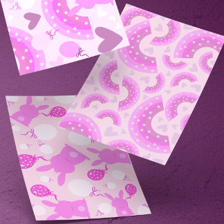 Pink & Purple Bunnies & Rainbows With Hearts Wrapping Paper Sheet