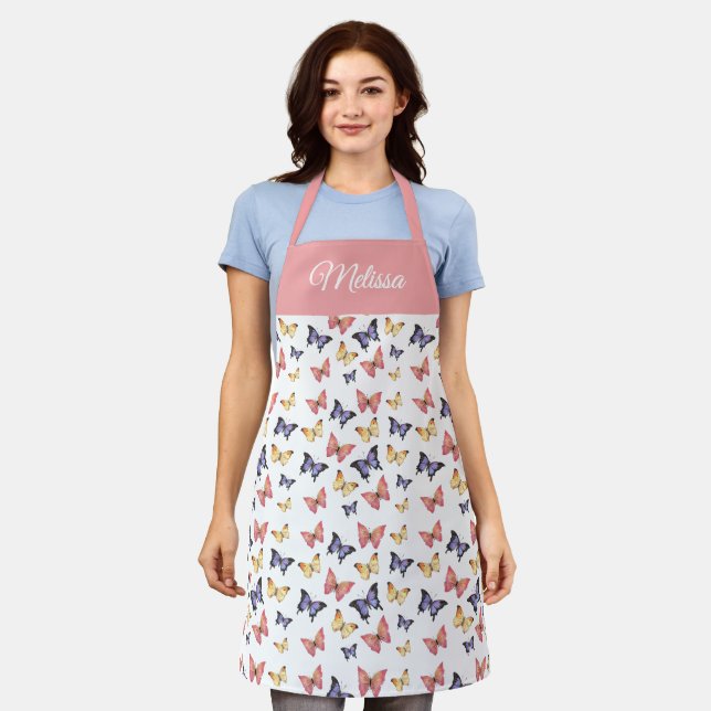 Pink Purple Butterflies Custom Name  Apron (Worn)