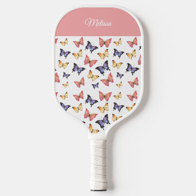 Pink Purple Butterflies Monogram Custom Name Pickleball Paddle (Front)