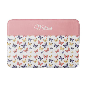 Pink Purple Butterflies Monogram Name Bath Mat