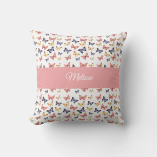Pink Purple Butterflies Monogram Name Throw Pillow