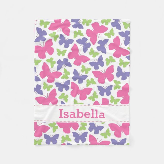 Pink Purple Butterflies Personalized Girl's Fleece Blanket (Front)