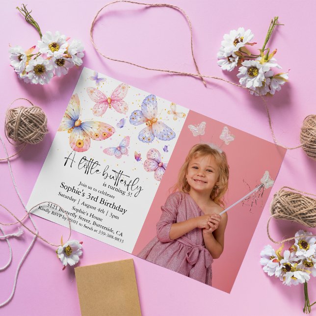 Pink Purple Butterfly All Ages Photo Birthday   Invitation (Creator Uploaded)