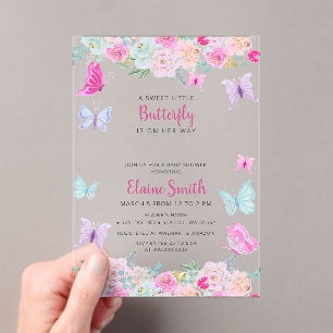 Pink Purple Butterfly Baby Shower  Acrylic Invitations