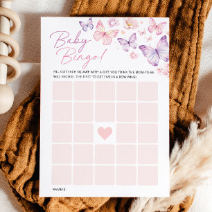 Pink Purple Butterfly Baby Shower Bingo Game Card