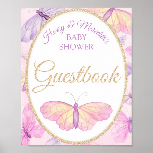 Pink & Purple Butterfly Baby Shower Guestbook Sign (Front)