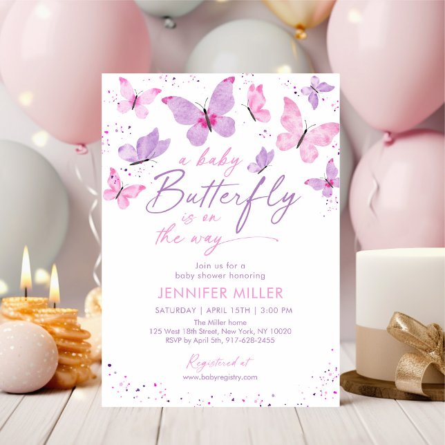 Pink Purple Butterfly Baby Shower Invitation (Creator Uploaded)