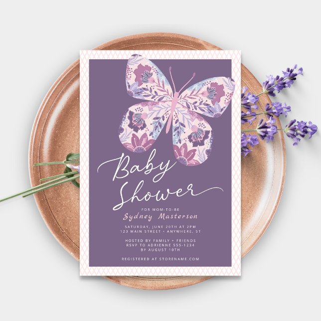 Pink Purple Butterfly Baby Shower Invitation (Shown on a 5" x 7" card)