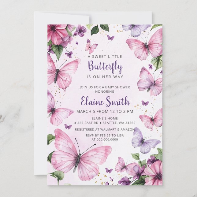 Pink Purple Butterfly Baby Shower  Invitation (Front)
