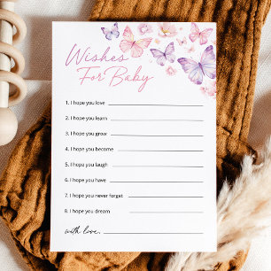 Pink Purple Butterfly Baby Shower Wishes For Baby Advice Card