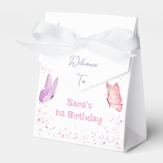 Pink Purple Butterfly Birthday Favor Box (Front Side)