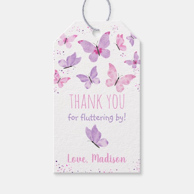 Pink Purple Butterfly Birthday Gift Tags (Front)