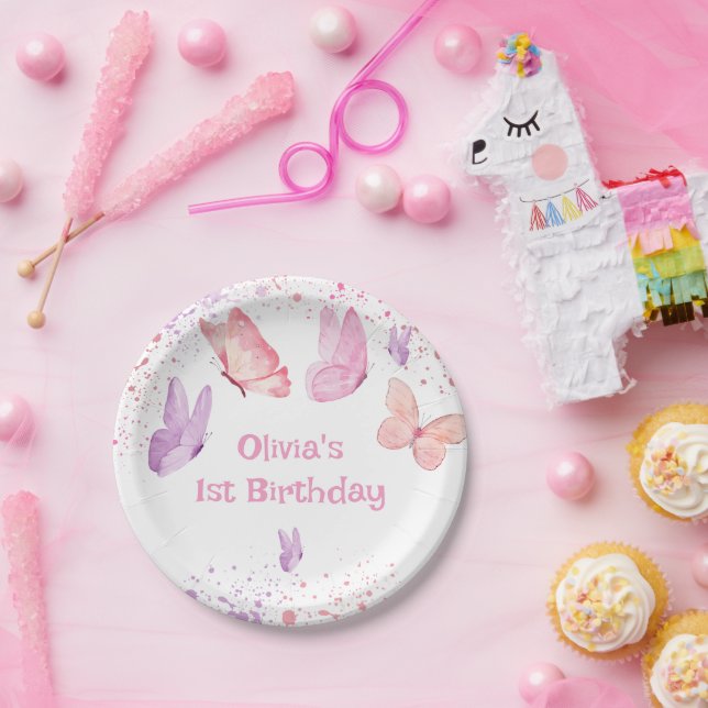 Pink Purple Butterfly Birthday Paper Plate (Party)