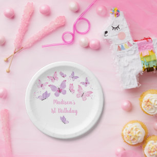 Pink Purple Butterfly Birthday Paper Plate
