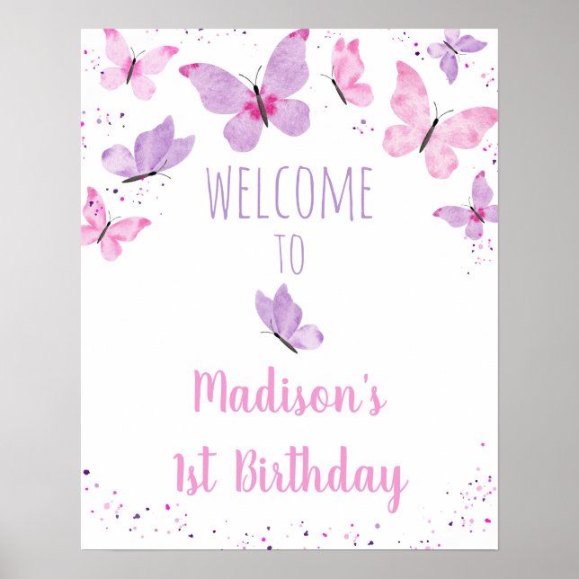 Pink Purple Butterfly Birthday Welcome Poster (Front)
