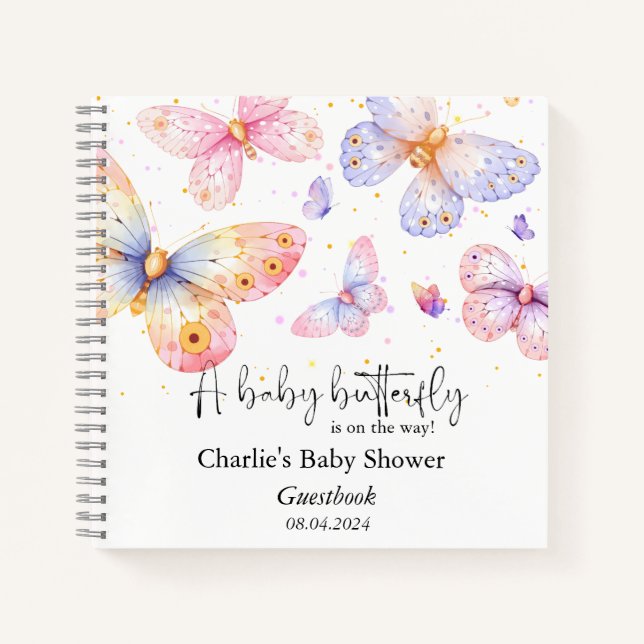 Pink Purple Butterfly Girl Baby Shower Guestbook Notebook (Front)