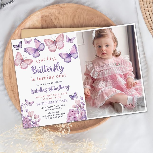 Pink Purple Butterfly Girl First Birthday Photo Invitation (Creator Uploaded)