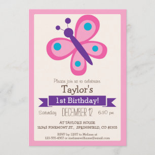 Pink & Purple Butterfly, Girl's Birthday Party Invitation