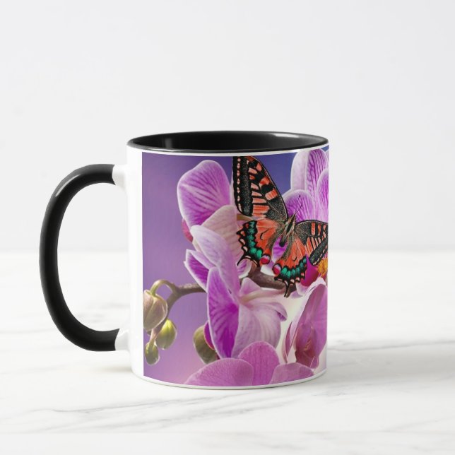 Pink purple butterfly orchid flower watercolor mug (Left)