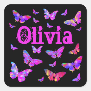 Pink & Purple Butterfly Pop Art Olivia Add Name Square Sticker