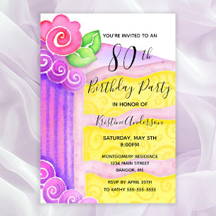 Pink Purple Cake Floral 80th Birthday Party  Invitation